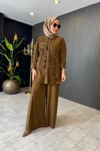 Lase Nakışlı Nubuk Pantolonlu Takım Haki