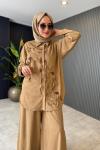 Lase Nakışlı Nubuk Pantolonlu Takım Camel