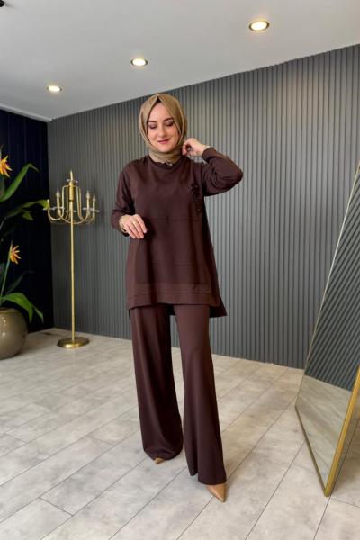 İşlemeli Pantolonlu Bambu Takım Kahverengi