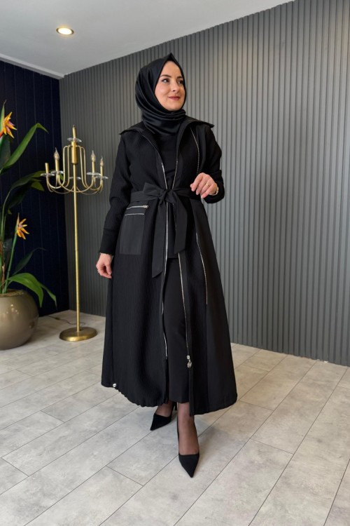 Fitilli Örme Triko Detaylı Kap Siyah