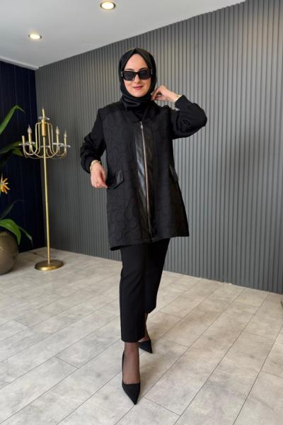 Deri Patlı V Yaka Ceket Siyah