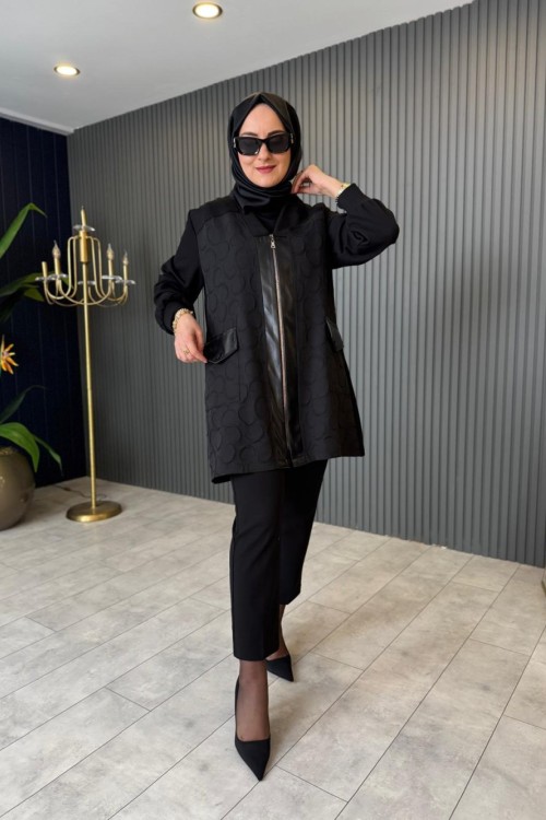 Deri Patlı V Yaka Ceket Siyah