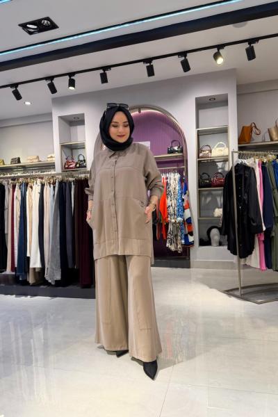 Tuniği ve Pantolonu Bambu Detaylı Takım Vizon