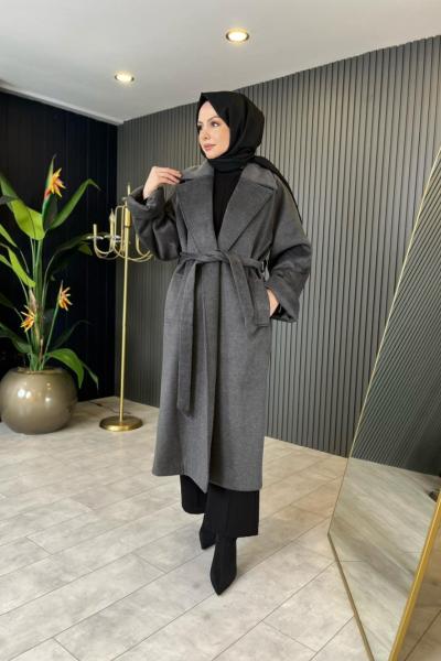 Arkası Fermuar Detaylı Kaşe Kaban Siyah