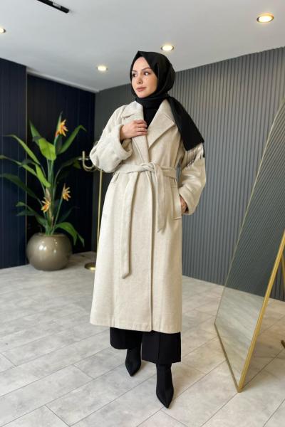 Arkası Fermuar Detaylı Kaşe Kaban Taş Rengi