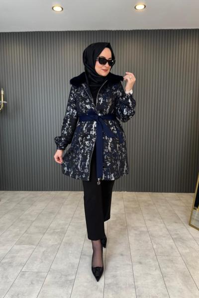 Orhan Yaka Kürk Detaylı Jakar Ceket Lacivert