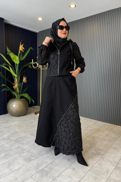Kot Detaylı Etekli Takım Siyah