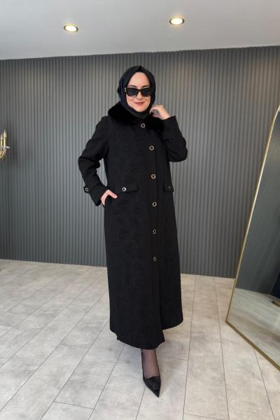 Yaka Kürk Detaylı Jakar Kap Siyah