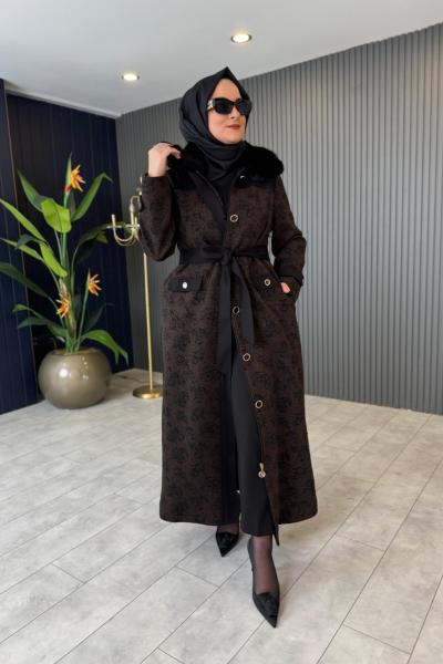 Yaka Kürk Detaylı Jakar Kap Kahverengi