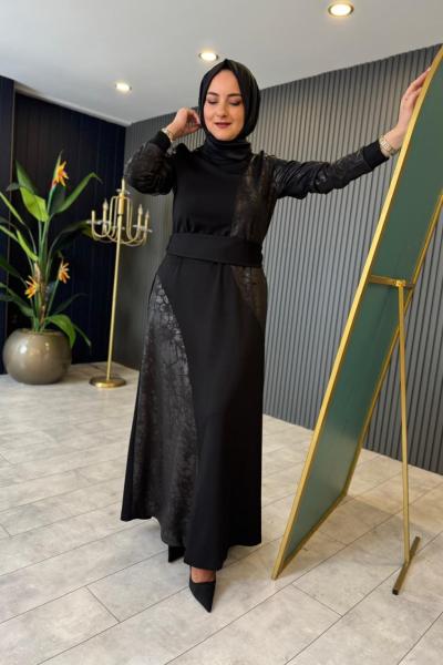 Oysho Deri Detaylı Elbise Siyah