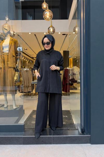 Tuniği ve Pantolonu Bambu Detaylı Takım Siyah