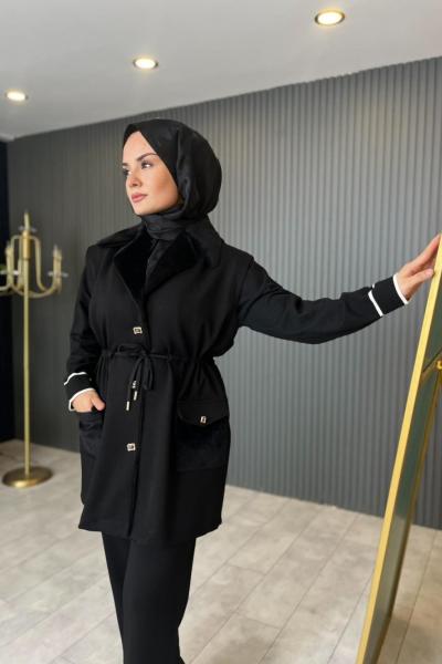 Angora Detaylı Yelekli Takım Siyah