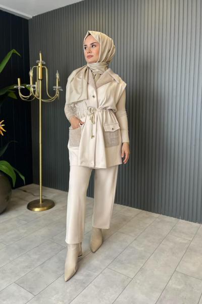 Angora Detaylı Yelekli Takım Bej