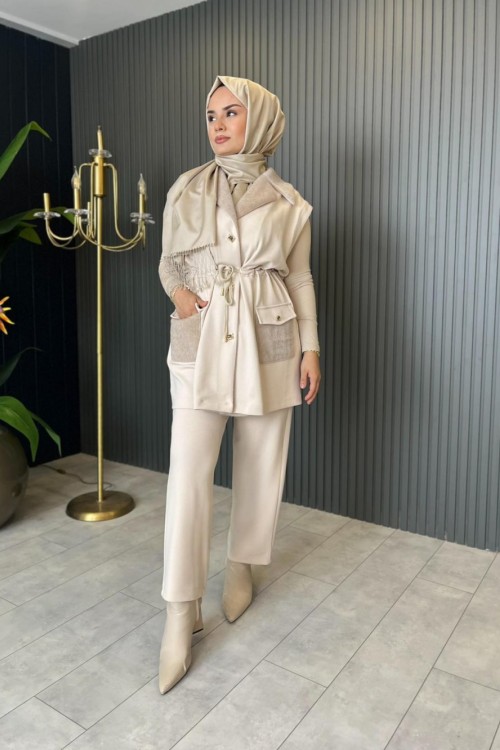 Angora Detaylı Yelekli Takım Bej