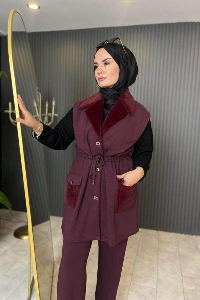 Angora Detaylı Yelekli Takım Bordo