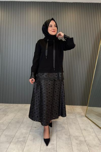 Deri Dantel Detaylı Etekli Takım Siyah