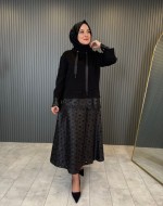 Deri Dantel Detaylı Etekli Takım Siyah