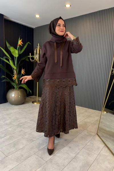 Deri Dantel Detaylı Etekli Takım Kahverengi