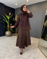 Deri Dantel Detaylı Etekli Takım Kahverengi