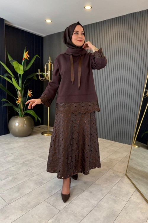 Deri Dantel Detaylı Etekli Takım Kahverengi