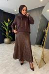 Deri Dantel Detaylı Etekli Takım Kahverengi