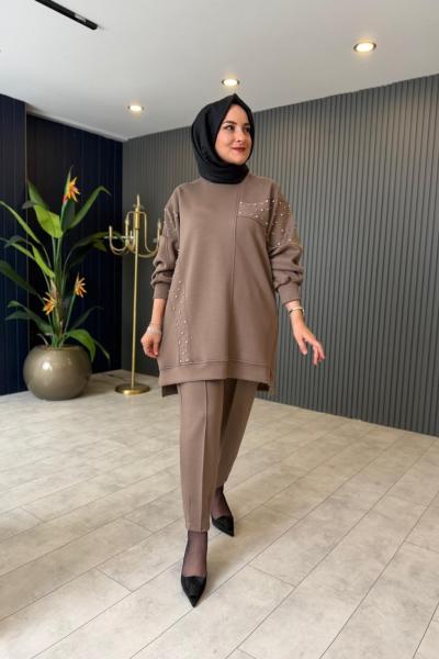 Taş Detaylı Pantolon Takım Vizon