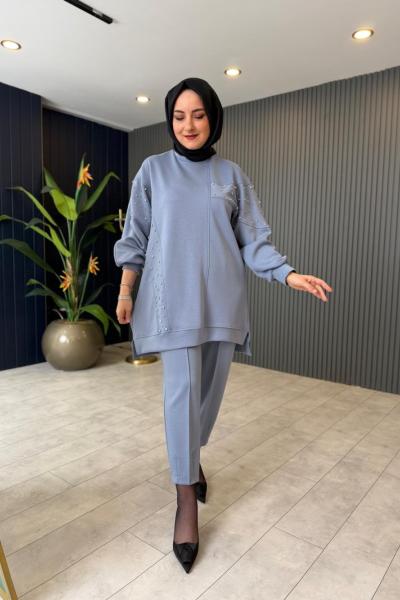 Taş Detaylı Pantolon Takım Mavi