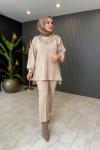 Taş Detaylı Fermuarlı Pantolon Takım  Bej
