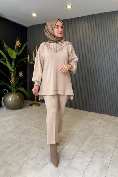 Taş Detaylı Fermuarlı Pantolon Takım  Bej