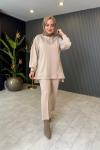 Taş Detaylı Fermuarlı Pantolon Takım  Bej
