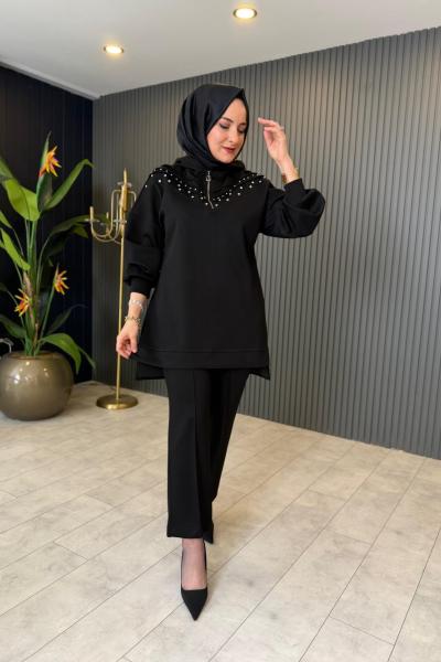 Taş Detaylı Fermuarlı Pantolon Takım  Siyah