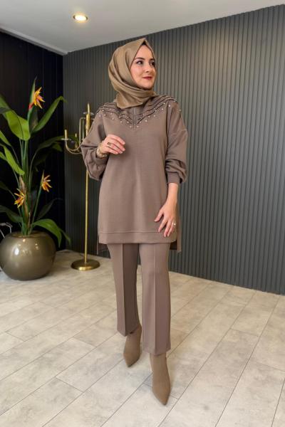 Taş Detaylı Fermuarlı Pantolon Takım  Vizon