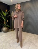 Taş Detaylı Fermuarlı Pantolon Takım  Vizon