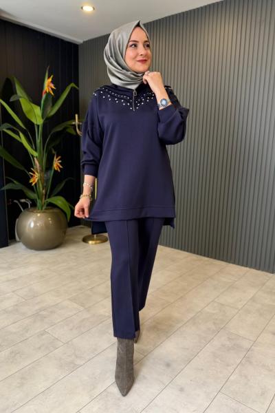 Taş Detaylı Fermuarlı Pantolon Takım  Lacivert