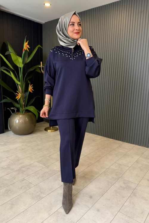 Taş Detaylı Fermuarlı Pantolon Takım  Lacivert