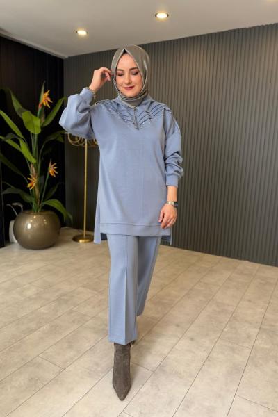 Taş Detaylı Fermuarlı Pantolon Takım  Mavi