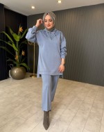 Taş Detaylı Fermuarlı Pantolon Takım  Mavi