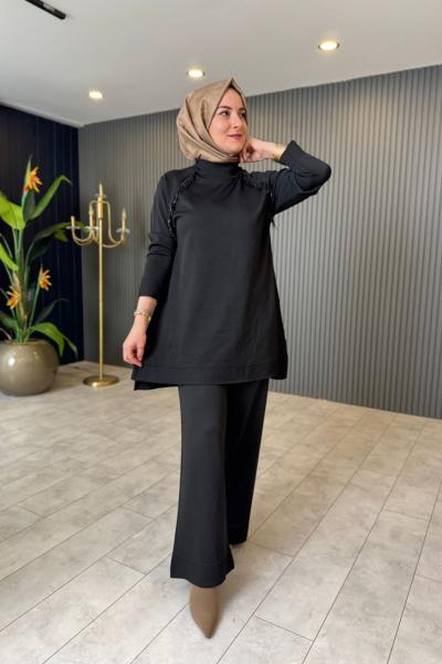 Taş Püskül Detaylı Merserize Pantolonlu Takım  Siyah