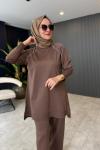 Taş Püskül Detaylı Merserize Pantolonlu Takım  Kahve