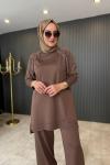 Taş Püskül Detaylı Merserize Pantolonlu Takım  Kahve