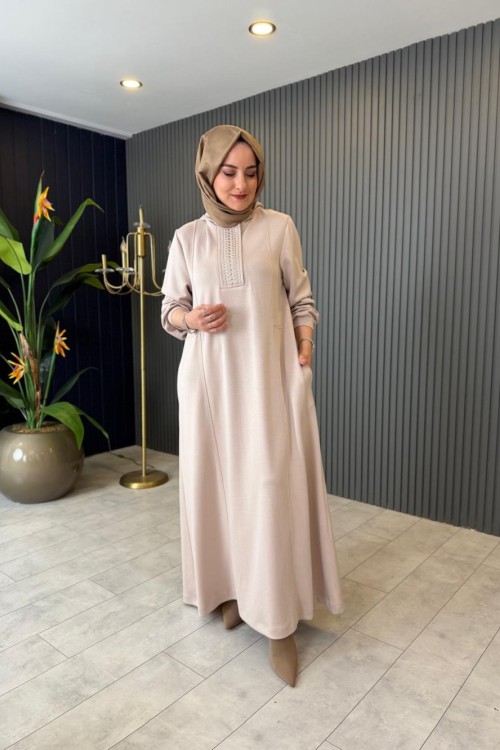 Zımba Taş Detaylı Oysho Elbise Bej