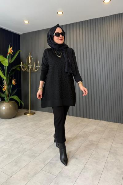 Leopar Desenli Triko Kazak Siyah