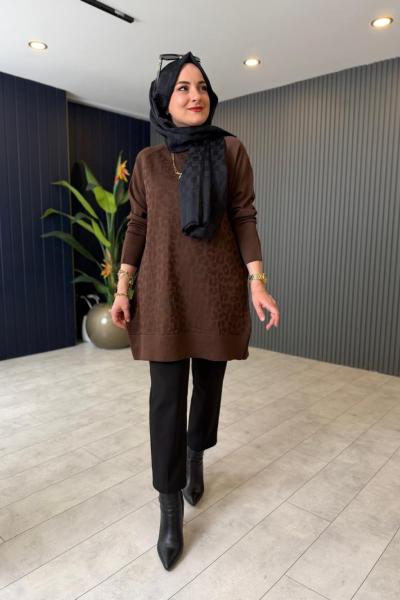 Leopar Desenli Triko Kazak Kahve