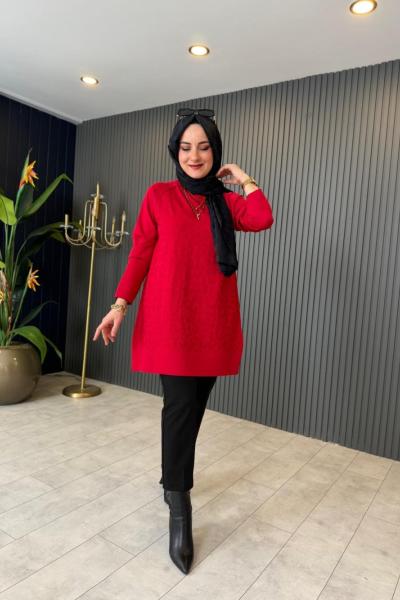 Leopar Desenli Triko Kazak Kırmızı