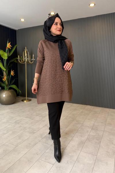 Leopar Desenli Triko Kazak Vizon