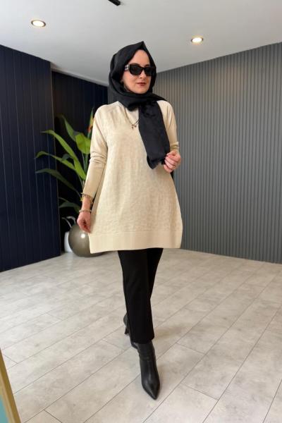 Leopar Desenli Triko Kazak Taş Rengi