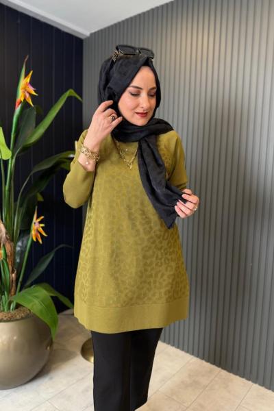 Leopar Desenli Triko Kazak Yağ Yeşili