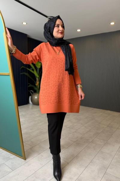 Leopar Desenli Triko Kazak Turuncu