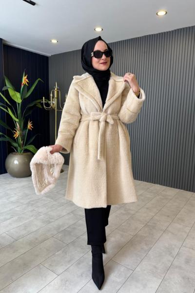 Yaka Kürk Detaylı Kaban Bej