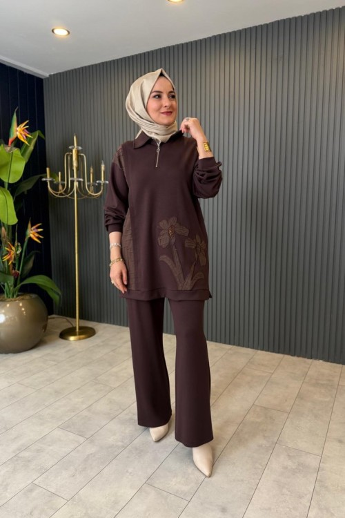 Çiçek Detaylı Pantolon Takım Kahve